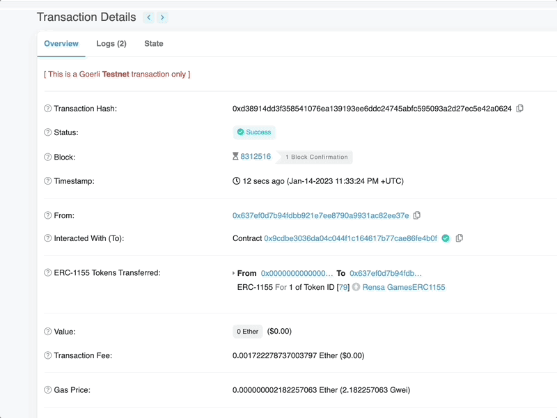 Block explorer confirmation of publishing transaction.