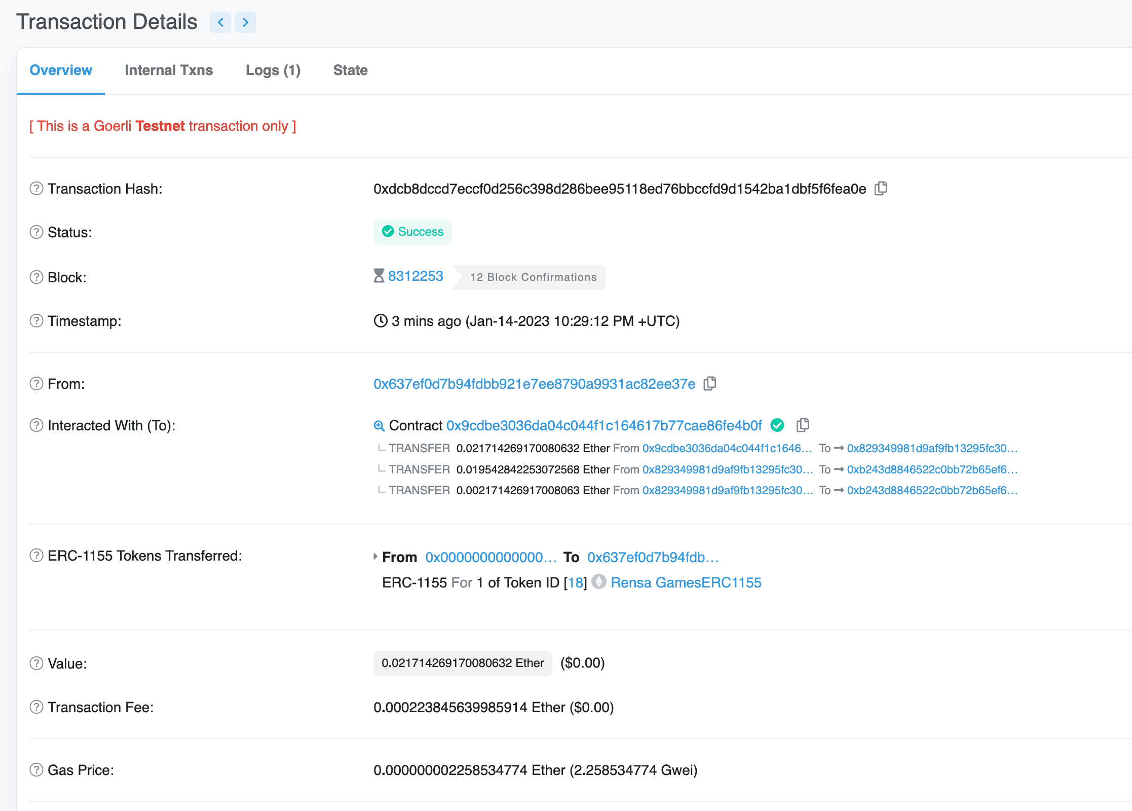 Block explorer result from purchase transaction.